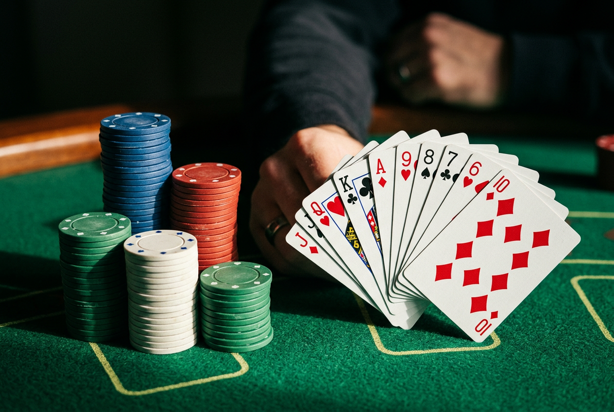 Detailní pohled na skládané pokerové žetony a vějíř karet na zeleném plátně s dramatickým bočním světlem